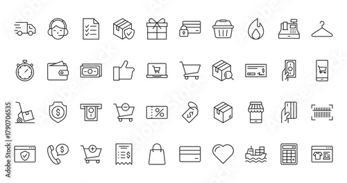 40 set of outline web ecommerce icons such as customer support, secure payment, stopwatch, cart, hand truck, price tag, website vector thin icons for report, presentation, diagram, web design,