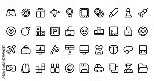 40 set of outline web gaming icons such as archer, board games, compact disc, alien, airplane, monitor, cash vector thin icons for report, presentation, diagram, web design, mobile app