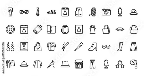40 set of outline web fashion icons such as glasses, vest, cloth, clothing, earring, brush, suit vector thin icons for report, presentation, diagram, web design, mobile app