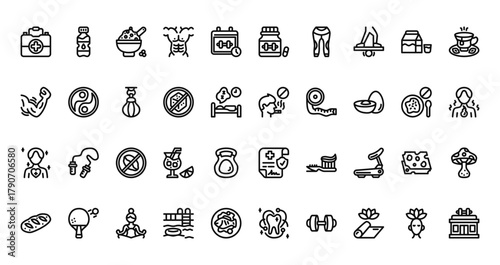 40 set of outline web healthy lifestyle icons such as water bottle, supplements, muscles, no smoking, wellness, report, bread vector thin icons for report, presentation, diagram, web design, mobile
