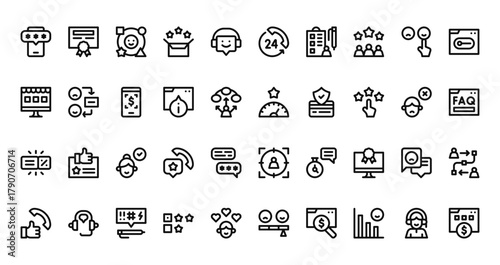 40 set of outline web customer experience icons such as certificate, hours service, online store, high speed, discount, target, customer experience vector thin icons for report, presentation,