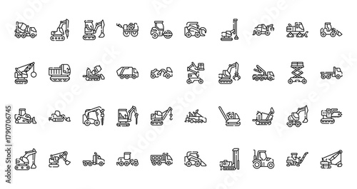 40 set of outline web construction vehicles icons such as hydraulic breaker, skid steer gr, demolition crane, boom lift, bulldozer, paver hine, excavator vector thin icons for report, presentation,