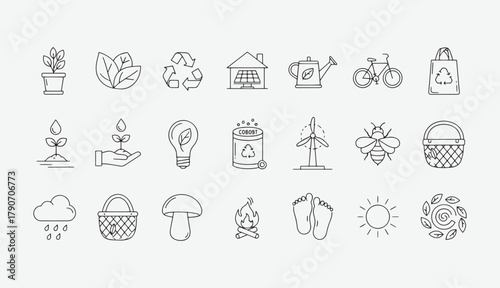 Sustainability Line Icon Set – Eco Energy, Green Environment, Renewable Resource Vector Collection