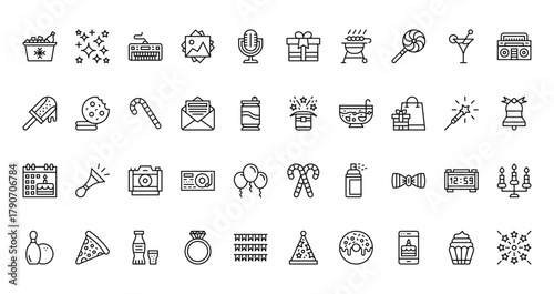 40 set of outline web birthday icons such as stars, gift box,  , magic trick, event, candy cane, bowling vector thin icons for report, presentation, diagram, web design, mobile app