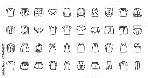 40 set of outline web clothes icons such as panties, blouse, bolero, shirt, suit, tank top, shirt vector thin icons for report, presentation, diagram, web design, mobile app