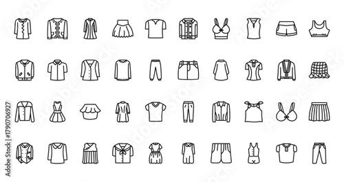 40 set of outline web clothes icons such as coat, denim jacket, jacket, skirt, blouse, pants, suit vector thin icons for report, presentation, diagram, web design, mobile app
