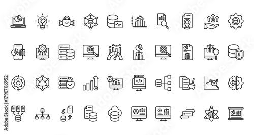 40 set of outline web data analytics icons such as problem solving, histogram, mobile analytics, statistics, system update, programming, data collection vector thin icons for report, presentation,