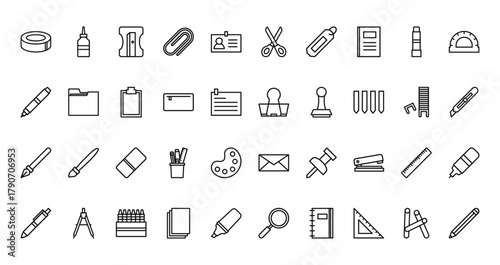 40 set of outline web stationery icons such as glue, scissors, marker, paper clip, fountain pen, envelope, pen vector thin icons for report, presentation, diagram, web design, mobile app