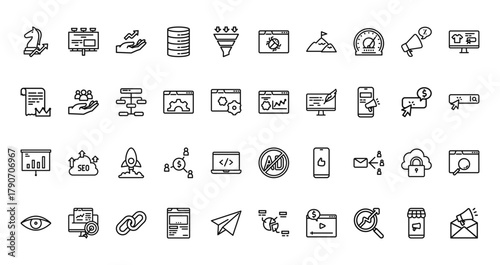 40 set of outline web masketing and seo icons such as billboard, bug, content marketing, optimization, analysis, ad block, eye vector thin icons for report, presentation, diagram, web design, mobile