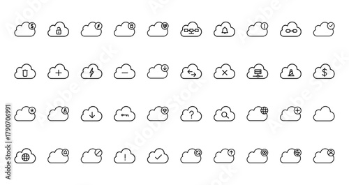 40 set of outline web cloud data icons such as unlock, cloud network, trash, cloud, password, help, cyberspace vector thin icons for report, presentation, diagram, web design, mobile app