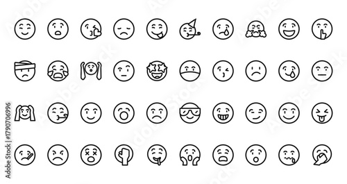 40 set of outline web smiley icons such as shocked, party, hurt, mask, disappointed, cool, sick vector thin icons for report, presentation, diagram, web design, mobile app