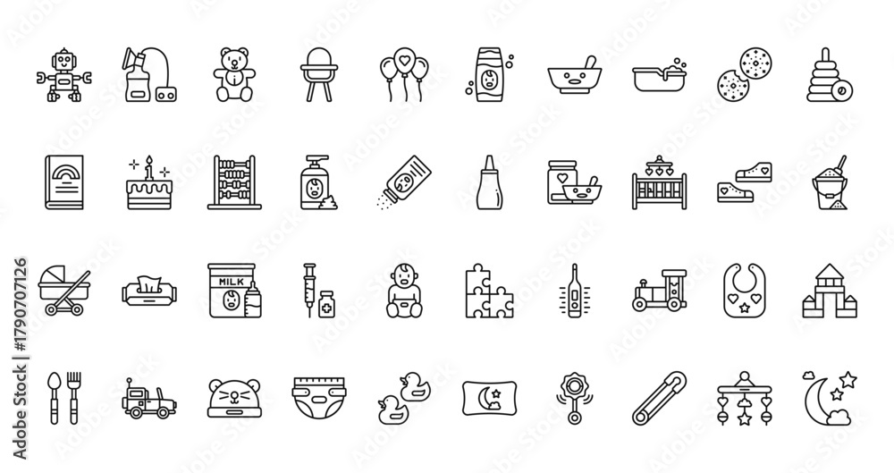 Naklejka premium 40 set of outline web baby icons such as breast pump, shampoo, fairy tale, l aspirator, stroller, puzzle, cutlery vector thin icons for report, presentation, diagram, web design, mobile app
