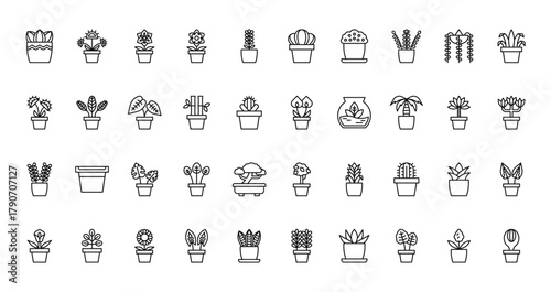 40 set of outline web indoor plants icons such as venus flytrap, paddle, carnivorous plant, laceleaf, jade, weeping fig, calla lily vector thin icons for report, presentation, diagram, web design,