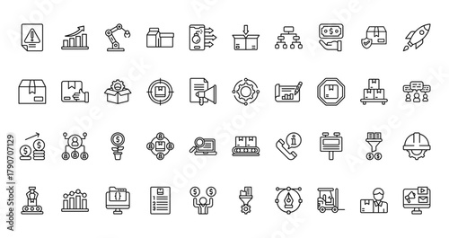 40 set of outline web product management icons such as growth, packing, box, automation, profit, conveyor belt, assembly vector thin icons for report, presentation, diagram, web design, mobile app