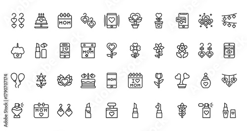 40 set of outline web mothers day icons such as cake, flower, cupcake, flower, balloons, calendar, perfume vector thin icons for report, presentation, diagram, web design, mobile app
