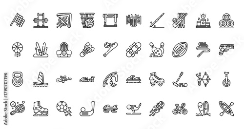40 set of outline web sports icons such as weightlifting, trampoline, basketball, skateboard, kettlebell,  , tennis vector thin icons for report, presentation, diagram, web design, mobile app