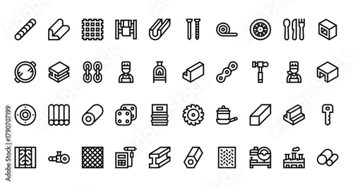 40 set of outline web steel icons such as steel, screws, paella, steel, saw, grid vector thin icons for report, presentation, diagram, web design, mobile app