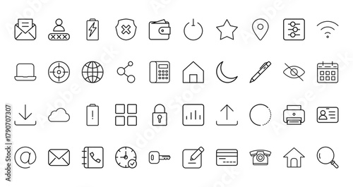 40 set of outline web user interface icons such as passcode, shut down, computer, house, download, statistic, arroba vector thin icons for report, presentation, diagram, web design, mobile app
