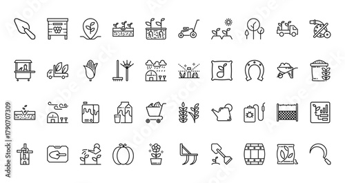 40 set of outline web agriculture icons such as apiary, mower, food trolley, sprinkler, seeding, grain, windmill vector thin icons for report, presentation, diagram, web design, mobile app