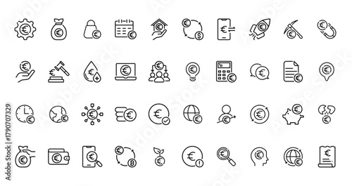40 set of outline web euro icons such as money bag, money exchange, euro, innovation, time is money, euro, earning vector thin icons for report, presentation, diagram, web design, mobile app