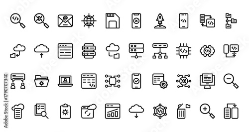 40 set of outline web programing and development icons such as bug detector, reject, cloud, database, talking, approve, cloud upload vector thin icons for report, presentation, diagram, web design,
