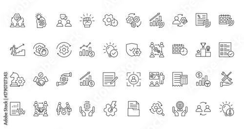 40 set of outline web business management icons such as initiative, process, challenge, security, strategy, focus, plan vector thin icons for report, presentation, diagram, web design, mobile app