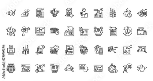 40 set of outline web business analytics icons such as solution, stats, predictive chart, sale report, gathering, operation, data sharing vector thin icons for report, presentation, diagram, web