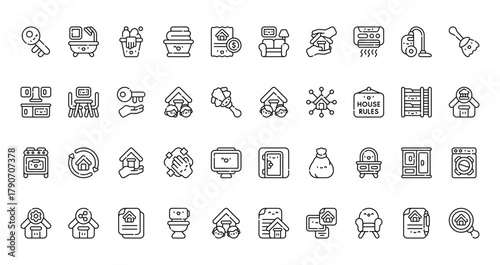 40 set of outline web shared flat icons such as bathroom, living room, kitchen, room mate, stove, room, maintenance vector thin icons for report, presentation, diagram, web design, mobile app