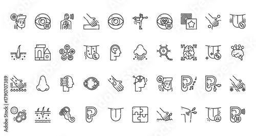 40 set of outline web sensorial icons such as blind, vestibular exercise, follicle, smell, hot, psychiatry, sensory game vector thin icons for report, presentation, diagram, web design, mobile app