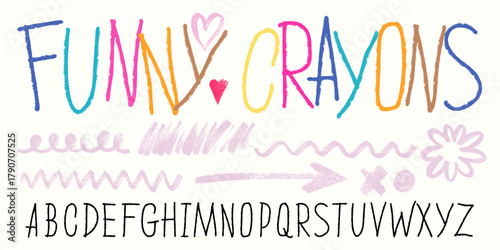 Funny kids crayon font alphabet with colorful hand drawn letters. Playful childish typography for school design. Funky chalk texture doodle typeface with cute cartoon style vector illustration.