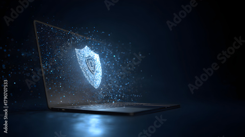 Digital shield hologram appearing from a laptop screen symbolizing online safety, cyber protection, secure data access, and modern information security technologies
