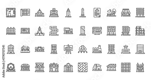 40 set of outline web architecture and city icons such as blueprint, obelisk, houses, building, house, smart city, big wheel vector thin icons for report, presentation, diagram, web design, mobile