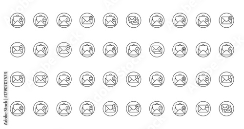 40 set of outline web email and messages icons such as email, exchange mails, receive mail, check mail, search mail, receive send vector thin icons for report, presentation, diagram, web design,