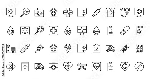 40 set of outline web medical icons such as search, blood bag, liquid, computer, hospital, infuse, plaster vector thin icons for report, presentation, diagram, web design, mobile app