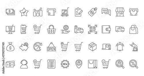 40 set of outline web commerce icons such as best seller, checklist, online shopping, delivery truck, money sack, trolley, money card vector thin icons for report, presentation, diagram, web design,