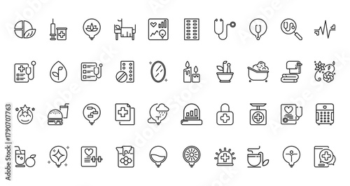 40 set of outline web health body and mind icons such as medicine, capsule, medical record, candle, happy face, mortality, juice vector thin icons for report, presentation, diagram, web design,