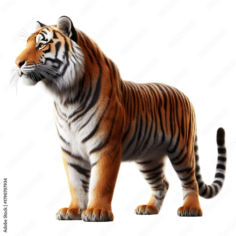 Obraz premium Tiger PNG isolated on a Transparent background, Side view, tiger standing full body HD image generated by Ai. 