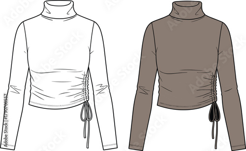 Ruched crop top fashion sketch, long sleeve high neck garment flat, drawstring side detail vector illustration, colored and technical apparel design