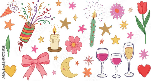 Festive Celebration Clipart Set | Hand Drawn Party Elements for Invitations, Social Media Graphics and Holiday Designs