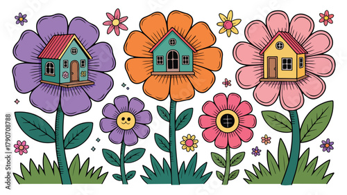 Whimsical houses nestled in vibrant flowers a playful vector illustration for childrens designs isolated on white