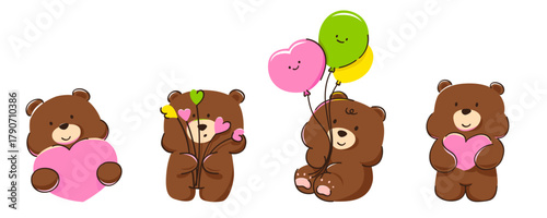 Collection of cute baby bears with sweet hearts hand drawn.