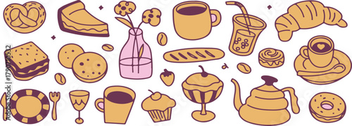 Assorted Doodle Style Pastries and Breakfast Foods | Cute Cartoon Vector Illustrations for Cafe Menus, Bakery Designs and Food Blogging