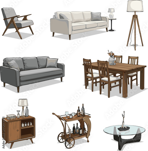  isolated kinds of different stylish furniture vector art with white background