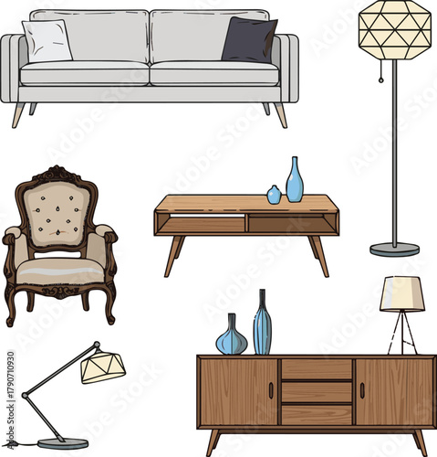  isolated kinds of different stylish furniture icon vector art with white background