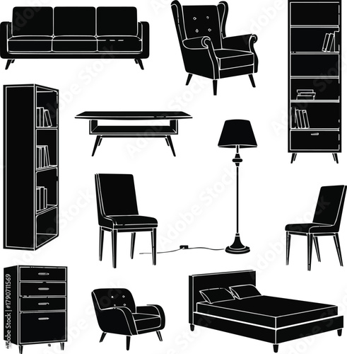  isolated kinds of different stylish furniture icon sets vector art silhouette with white background