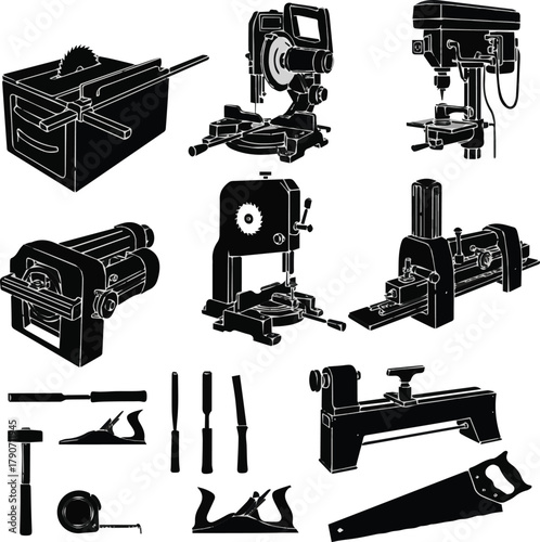 isolated kinds of different wood making equipment vector art silhouette with white background