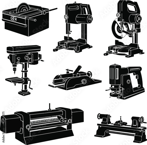  isolated kinds of different wood making tools for sweing equipment vector art silhouette with white background