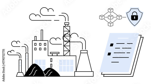 Factory emitting smoke next to compliance documents, a shield with a lock, and blockchain nodes. Ideal for industrial safety, regulations, digital security, compliance, supply chain, automation
