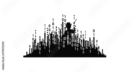 Conductor leading a symphony of digital code, representing data and technology.