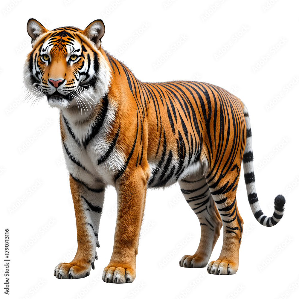 Obraz premium Tiger PNG isolated on a Transparent background, Side view, tiger standing full body HD image generated by Ai. 